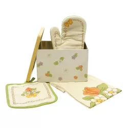 Confezione barattolo in latta con guanto + strofinaccio + presina Country - Thun