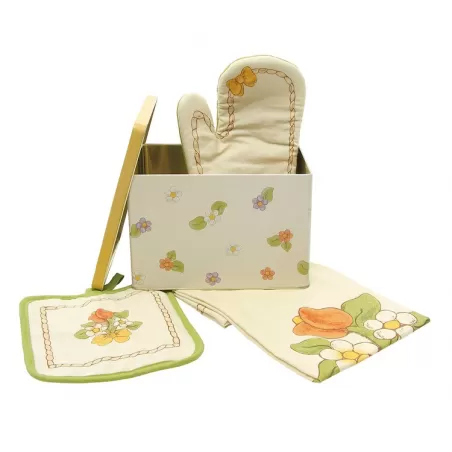 Confezione barattolo in latta con guanto + strofinaccio + presina Country - Thun