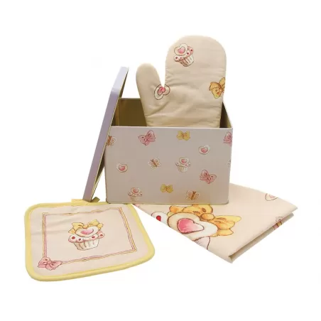 Confezione barattolo in latta con guanto + strofinaccio + presina Cupcake - Thun