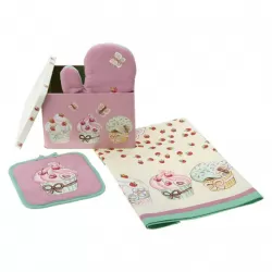 Confezione barattolo in latta con guanto + strofinaccio + presina Sweet cake - Thun