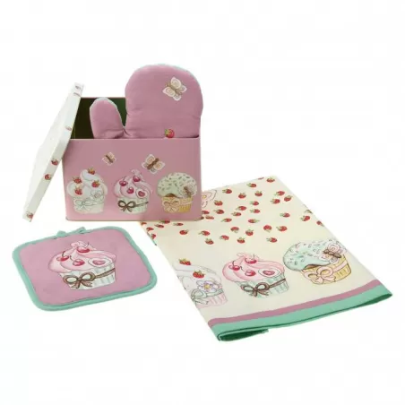 Confezione barattolo in latta con guanto + strofinaccio + presina Sweet cake - Thun