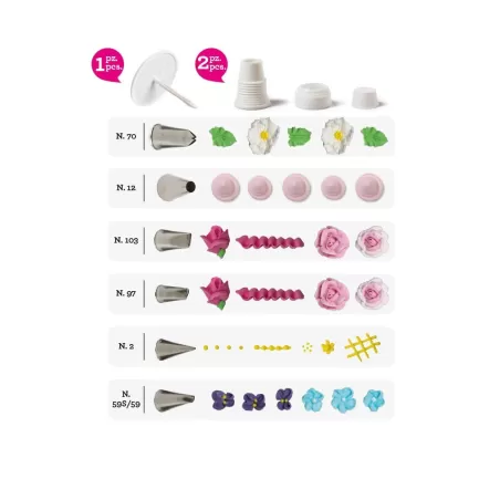 Kit decorazione rose, fiori e foglie al cornetto 9 pezzi - Decora