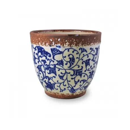 Pot pot, Vaso bianco crema opaco - fantasia blu d. 15 x h. 13 cm. - Zafferano