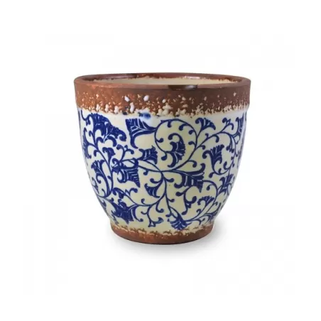 Pot pot, Vaso bianco crema opaco - fantasia blu d. 15 x h. 13 cm. - Zafferano