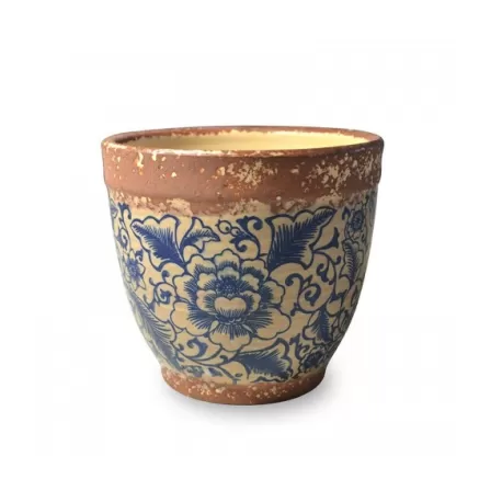 Pot pot, Vaso beige opaco - fantasia blu d. 15 x h. 13 cm. - Zafferano