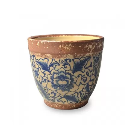 Pot pot, Vaso beige opaco - fantasia blu d. 15 x h. 13 cm. - Zafferano