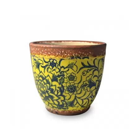 Pot pot, Vaso giallo opaco - fantasia blu d. 15 x h. 13 cm. - Zafferano