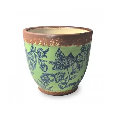 Pot pot, Vaso verde opaco - fantasia blu d. 15 x h. 13 cm. - Zafferano