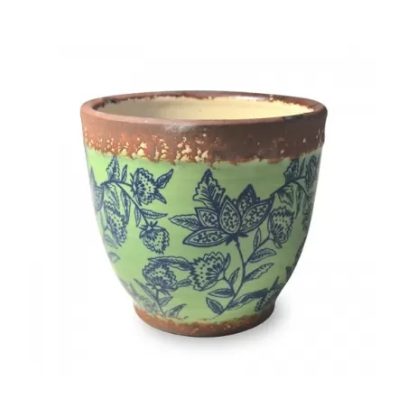 Pot pot, Vaso verde opaco - fantasia blu d. 15 x h. 13 cm. - Zafferano