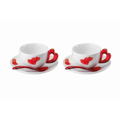 Set 2 tazze cappuccino c/piattino love rosso trasparente - Guzzini