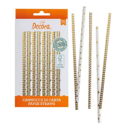 Cf 80 cannucce stelle & strisce oro Ø 6x210 mm in carta bio - Decora