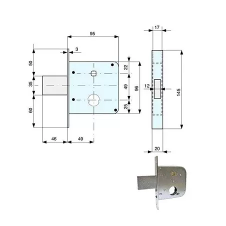 Serratura infilare ferro misura frontale Mm.20x145 - entrata Mm.50 cilindro 50 019-56-0 134500 mg