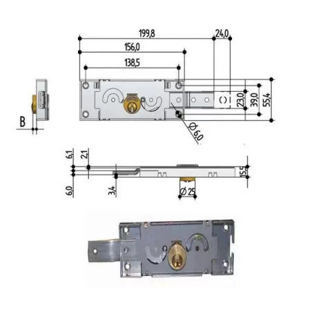 Serratura serrande SX sinistra 1 catenaccio piegato - Cilindro ottone  A412.0010.0200 Sx  Mm.5,5