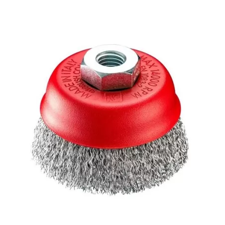 Spazzola a tazza con foro filettato MA14 F Mm.80 fili acciaio ondulati mm 0,30