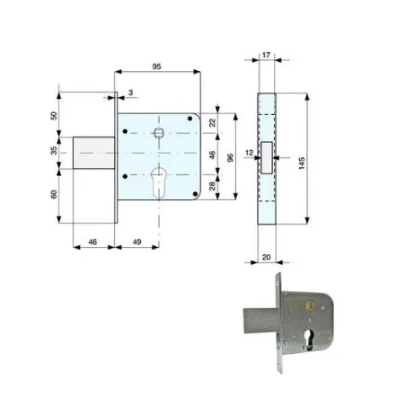 Serratura infilare ferro misura frontale Mm.20x145 - entrata Mm.50 cilindro E50 015-56-0 133500 mg