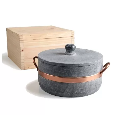 Casseruola Lavéc Cm.30 alta con due maniglie in rame e coperchio in pietra ollare - Agnelli