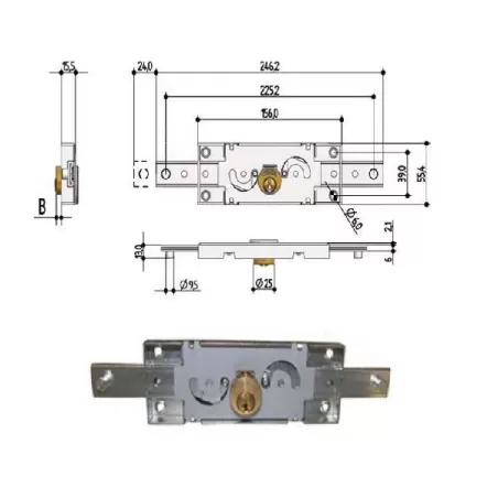 Serratura serrande 2 catenacci diritti - Cilindro ottone A211.0010.0200 Mm.5,5