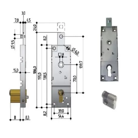 Serratura per basculanti cilindro 6861 profilo europeo con quadro Mm.8 B561 prefer