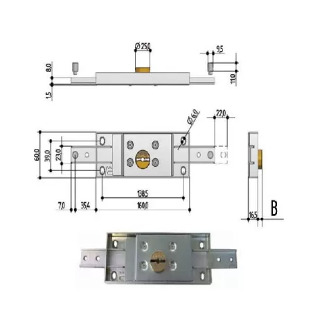 Serratura serrande 2 catenacci diritti - Cilindro ottone doppia mappa 8601.0010.0200 Mm.7,0