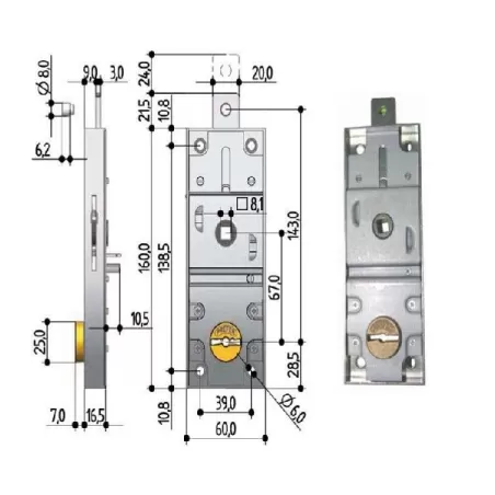 Serratura serrande catenaccio diritto - Cilindro ottone doppia mappa 8651.0810.0200 Mm.7,0