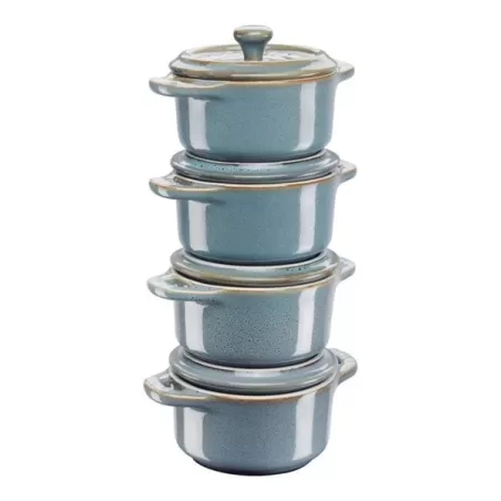 Set di mini cocotte in ceramica turchese anticato set 4 pezzi Cm.10 - Staub