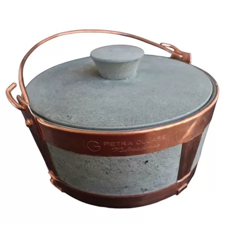Lavéc, Casseruola Cm.32 alta rilegata con maniglia in rame e coperchio in pietra ollare - Pietra ollare Valmalenco