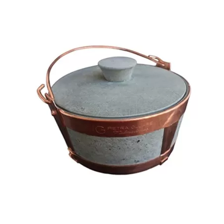 Lavéc, Casseruola Cm.22 alta rilegata con maniglia in rame e coperchio in pietra ollare - Pietra ollare Valmalenco