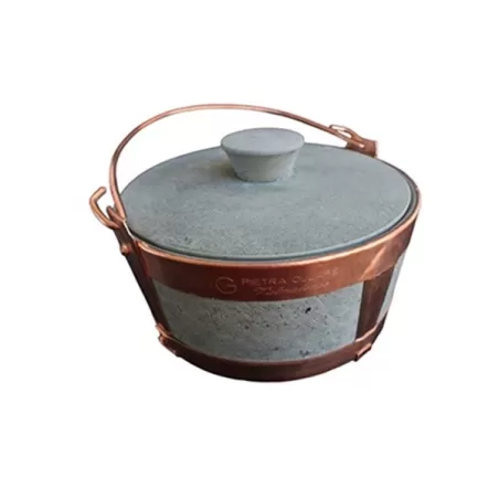 Lavéc, Casseruola Cm.20 alta rilegata con maniglia in rame e coperchio in pietra ollare - Pietra ollare Valmalenco