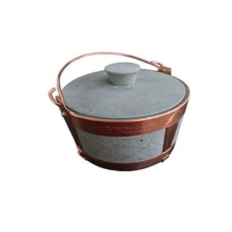Lavéc, Casseruola Cm.15 alta rilegata con maniglia in rame e coperchio in pietra ollare - Pietra ollare Valmalenco