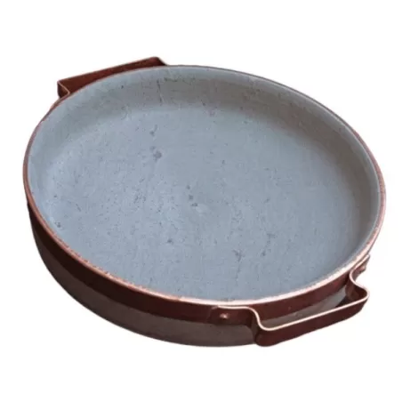 Piode, Bistecchiera Cm.31 bassa rilegato con maniglie in rame in pietra ollare - Pietra ollare Valmalenco