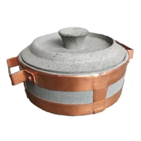 Stufino, Tegame Cm.30 basso rilegato con maniglie in rame e coperchio in pietra ollare - Pietra ollare Valmalenco