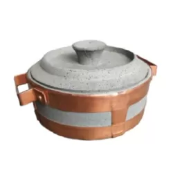 Stufino, Tegame Cm.25 basso rilegato con maniglie in rame e coperchio in pietra ollare - Pietra ollare Valmalenco