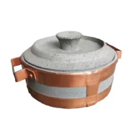Stufino, Tegame Cm.25 basso rilegato con maniglie in rame e coperchio in pietra ollare - Pietra ollare Valmalenco