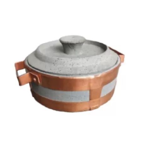 Stufino, Tegame Cm.21 basso rilegato con maniglie in rame e coperchio in pietra ollare - Pietra ollare Valmalenco