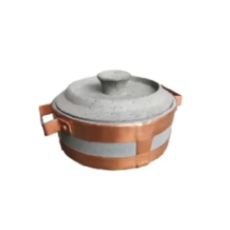 Stufino, Tegame Cm.8 basso rilegato con maniglie in rame e coperchio in pietra ollare - Pietra ollare Valmalenco