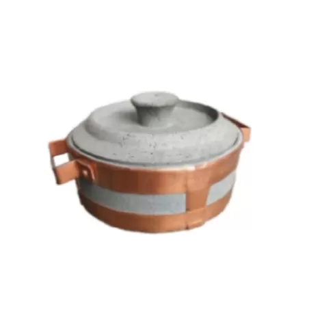 Stufino, Tegame Cm.11 basso rilegato con maniglie in rame e coperchio in pietra ollare - Pietra ollare Valmalenco