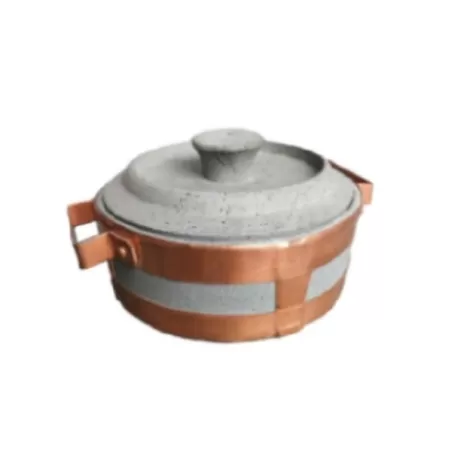 Stufino, Tegame Cm.13 basso rilegato con maniglie in rame e coperchio in pietra ollare - Pietra ollare Valmalenco
