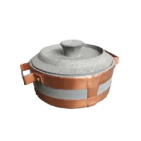Stufino, Tegame Cm.14 basso rilegato con maniglie in rame e coperchio in pietra ollare - Pietra ollare Valmalenco