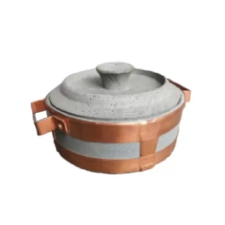 Stufino, Tegame Cm.15 basso rilegato con maniglie in rame e coperchio in pietra ollare - Pietra ollare Valmalenco