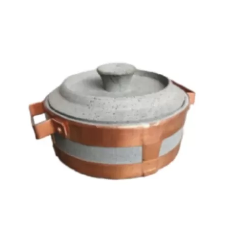 Stufino, Tegame Cm.17 basso rilegato con maniglie in rame e coperchio in pietra ollare - Pietra ollare Valmalenco