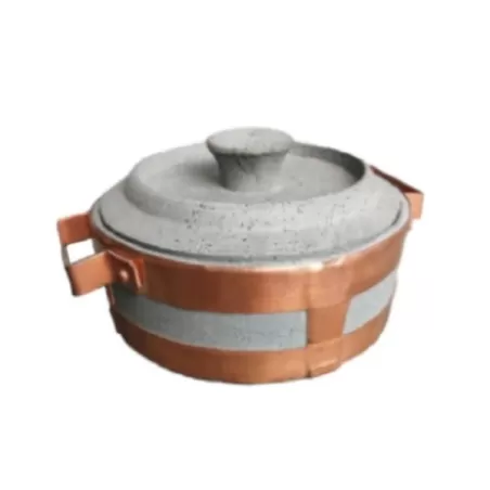 Stufino, Tegame Cm.19 basso rilegato con maniglie in rame e coperchio in pietra ollare - Pietra ollare Valmalenco