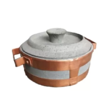 Stufino, Tegame Cm.20 basso rilegato con maniglie in rame e coperchio in pietra ollare - Pietra ollare Valmalenco
