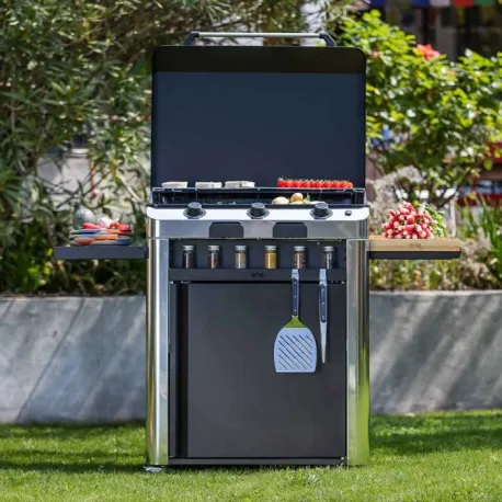 Carrello da esterno con plancha a Gas - Fusion - Plancha a Gas Cm.75, Nero e inox- Eno