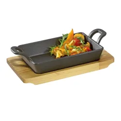 Padella grill/da portata "BBQ" rettangolare con supporto legno Cm.21x12,5x6,5 - Kuchenprofi