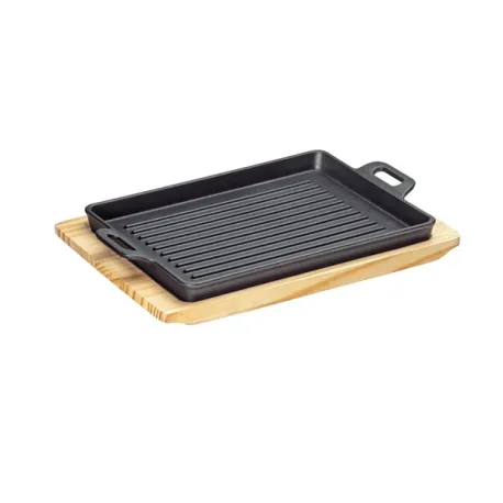 Padella grill/da portata "BBQ" rettangolare con 2 manici e supporto legno Cm.32x22x3,5 - Kuchenprofi