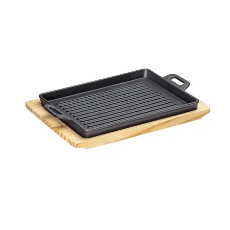 Padella grill/da portata "BBQ" rettangolare con 2 manici e supporto legno Cm.32x22x3,5 - Kuchenprofi
